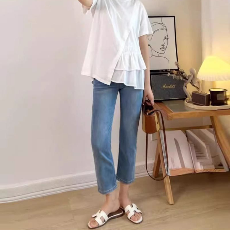 彈性冰絲直筒牛仔褲 九分褲 薄款開叉顯瘦