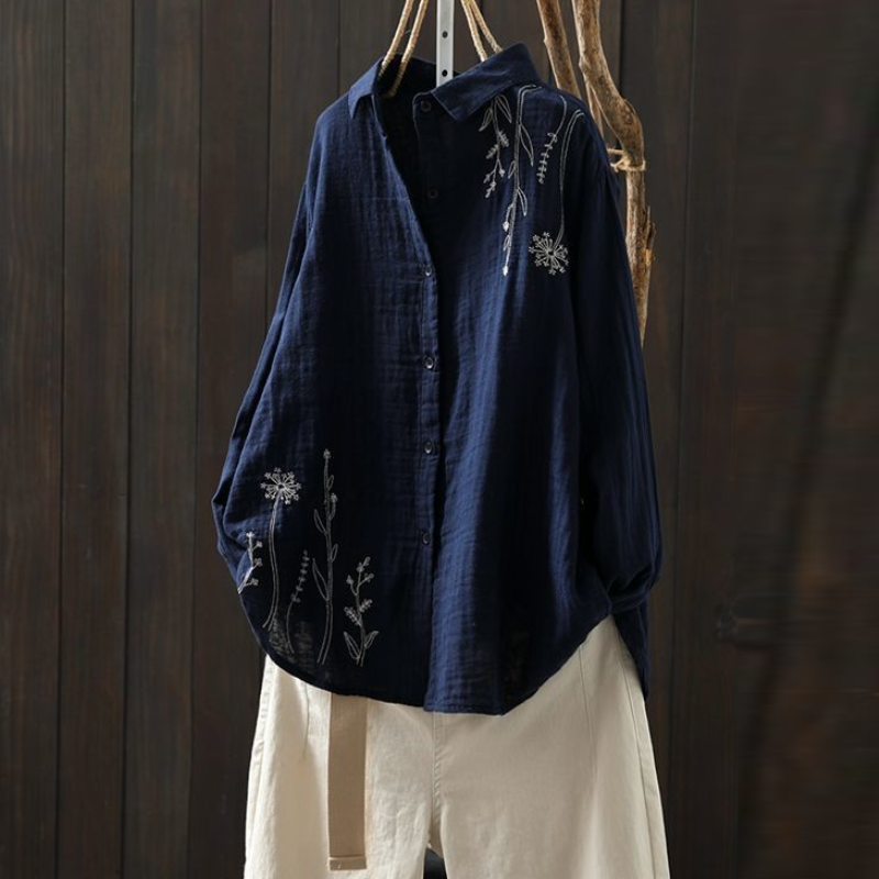 多層次外罩襯衫 微光澤棉麻刺繡上衣 熟齡顯瘦藏肉神器 獨家版型 抗皺透氣閨蜜親子裝穿搭