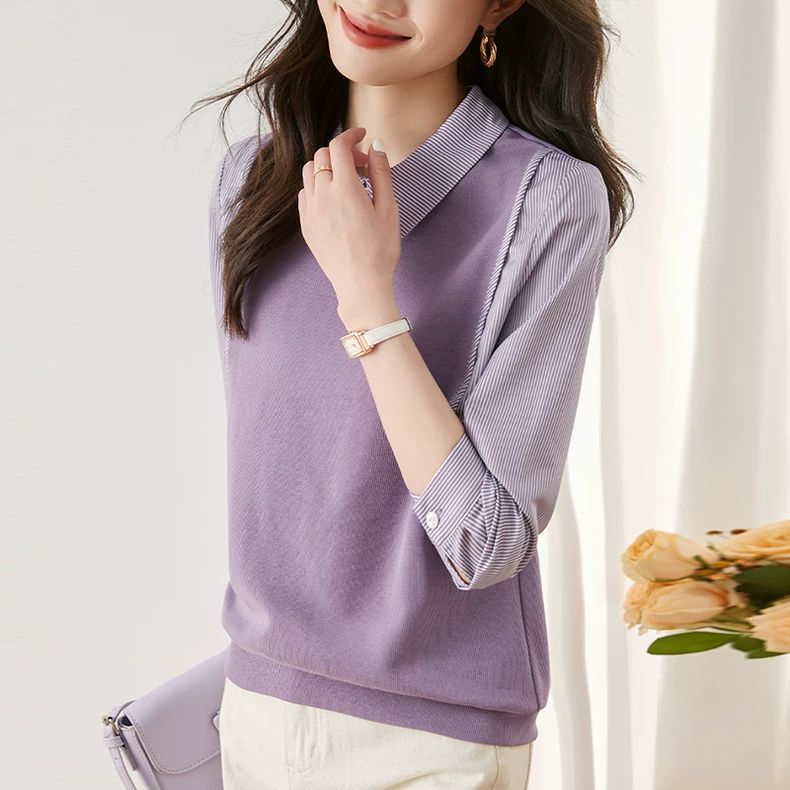 春夏法式條紋假兩件長袖襯衫 高級感豎條紋浪漫紫色翻領上衣