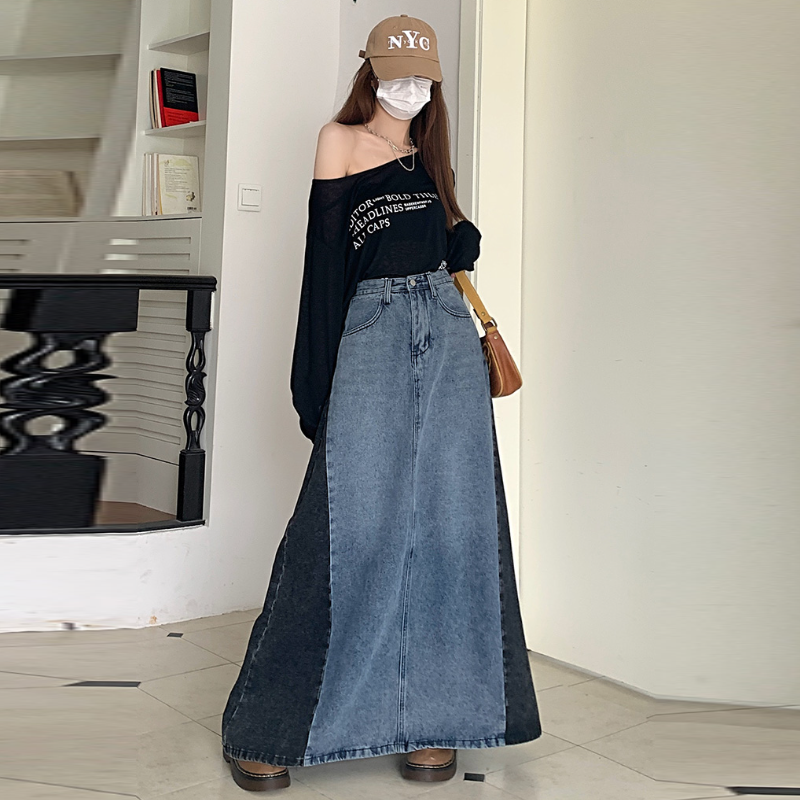 高腰牛仔長裙 小眾設計復古風 顯瘦遮肉A字長版半身裙 春秋款