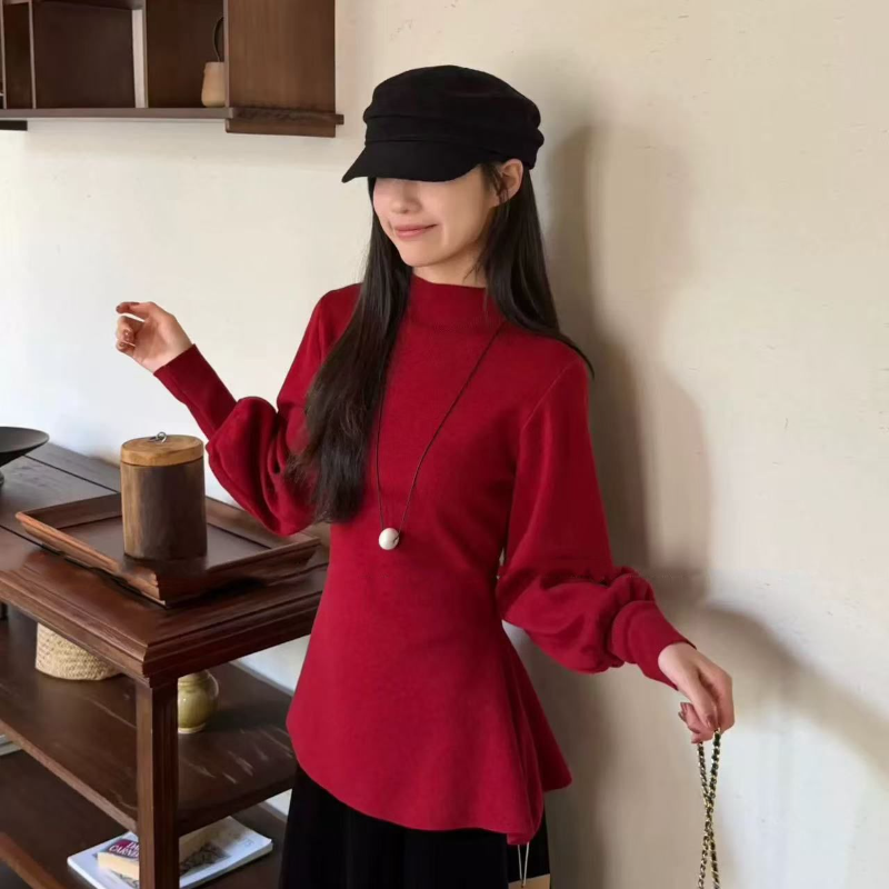 法式半高領荷葉擺針織上衣 燈籠袖 收腰版型 比例更好看