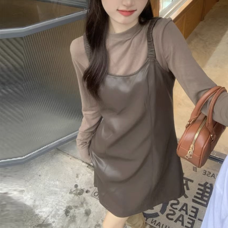 【整套】韓版秋季氣質皮質細肩短洋+高級感顯瘦薄上衣套裝*2色