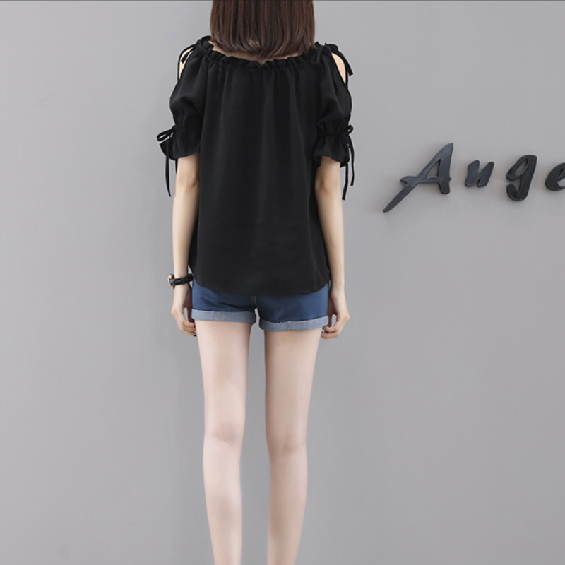 韓版繫帶鏤空寬鬆雪紡衫