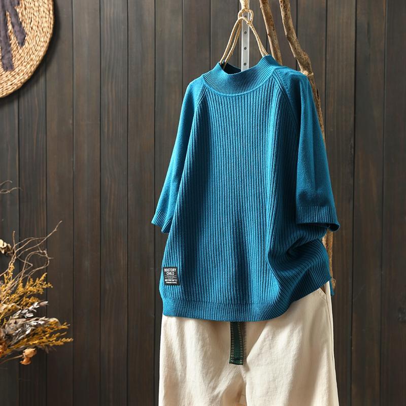 優雅韓版簡約多色半高領五分袖針織衫