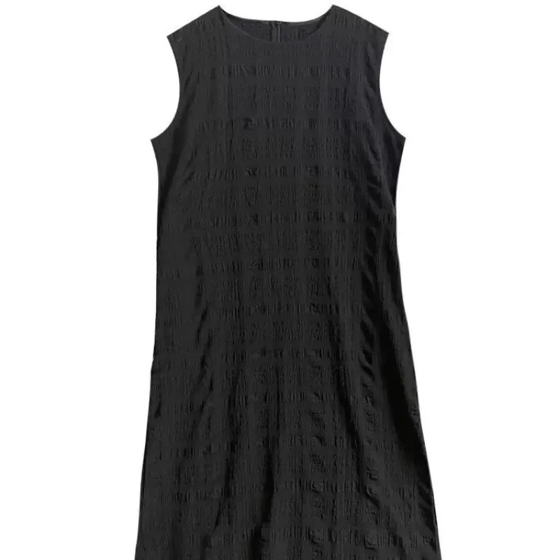 法式圓領無袖背心連身裙 氣質小黑裙寬鬆壓褶長洋