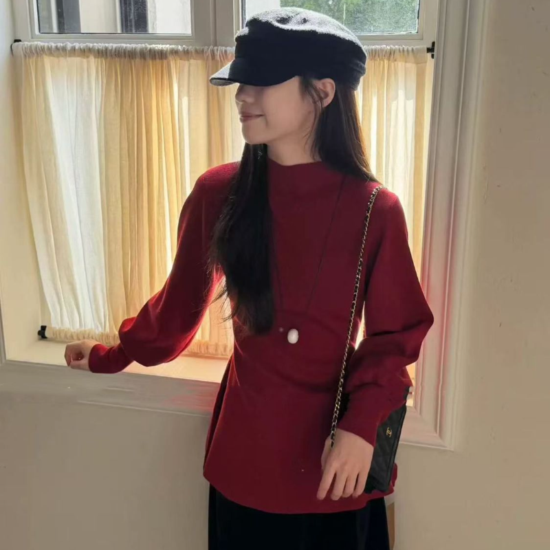 法式半高領荷葉擺針織上衣 燈籠袖 收腰版型 比例更好看