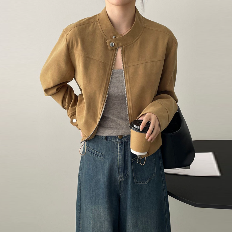 美式復古立領短版夾克 拉鍊門襟 釦帶設計 挺版有型外套