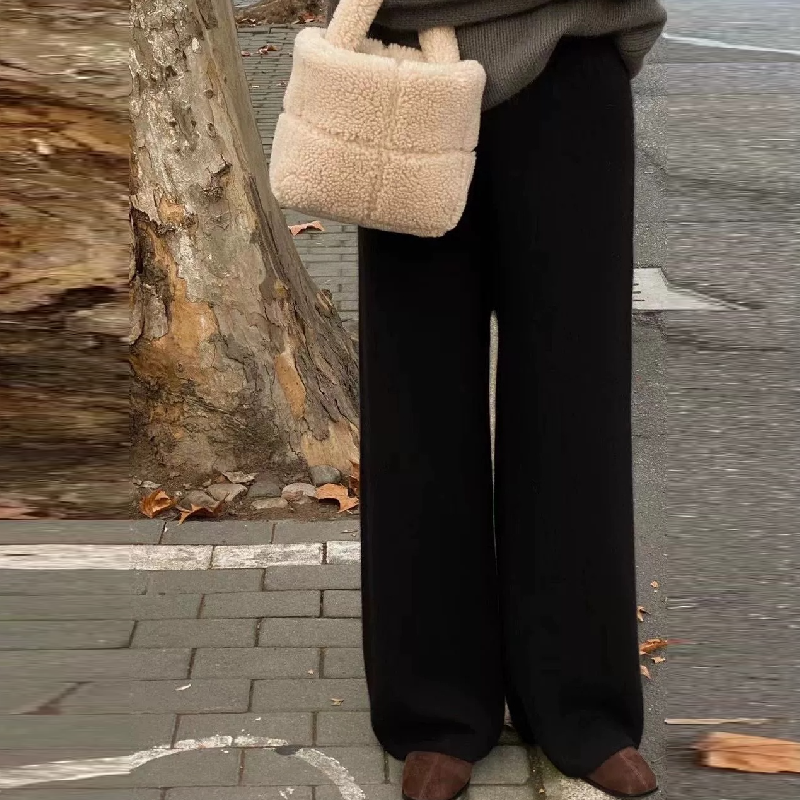 高腰顯瘦超彈羊毛寬褲 休閒拖地針織長褲
