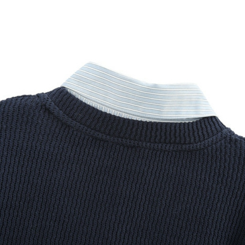 翻領條紋針織拼接假兩件上衣 休閒剪裁 春秋百搭款