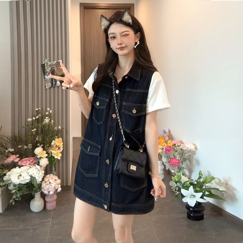 復古牛仔無袖背心洋裝 寬鬆直筒設計 韓系休閒款