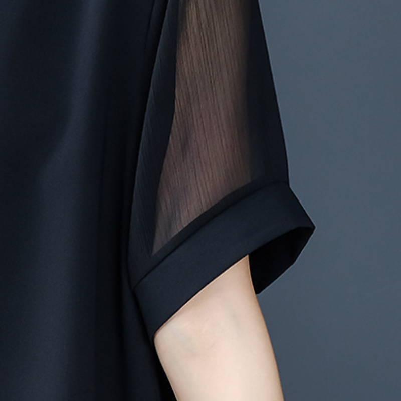 女人魅力UP通勤透膚雪紡衫黑色短袖v領 韓版襯衣