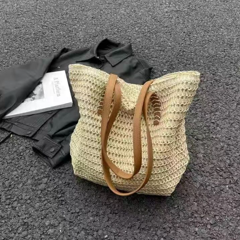 自然編織草編托特包 大容量海邊度假肩背包