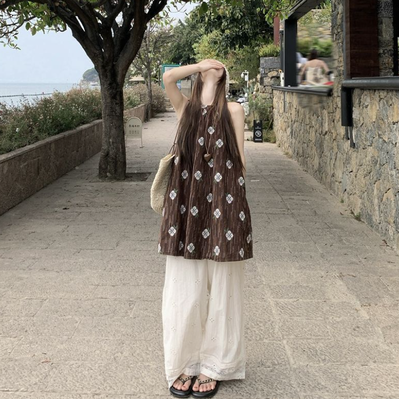 棕色印花無袖上衣 掛脖設計寬鬆剪裁 文青復古風