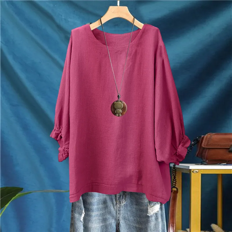寬鬆五分袖上衣 春夏秋棉質 圓領縮口蓬袖 顯瘦百搭 外穿好搭