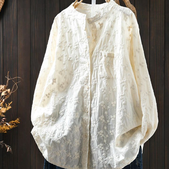 純棉刺繡提花立領襯衫 法式優雅寬版上衣 透氣親膚長袖白襯衫 休閒穿搭學院風顯瘦