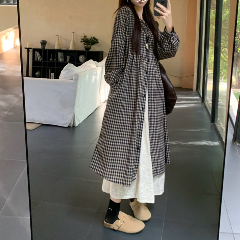 日系復古格紋襯衫洋裝 長袖寬鬆 可層次穿搭 慵懶風（嬌小友善）