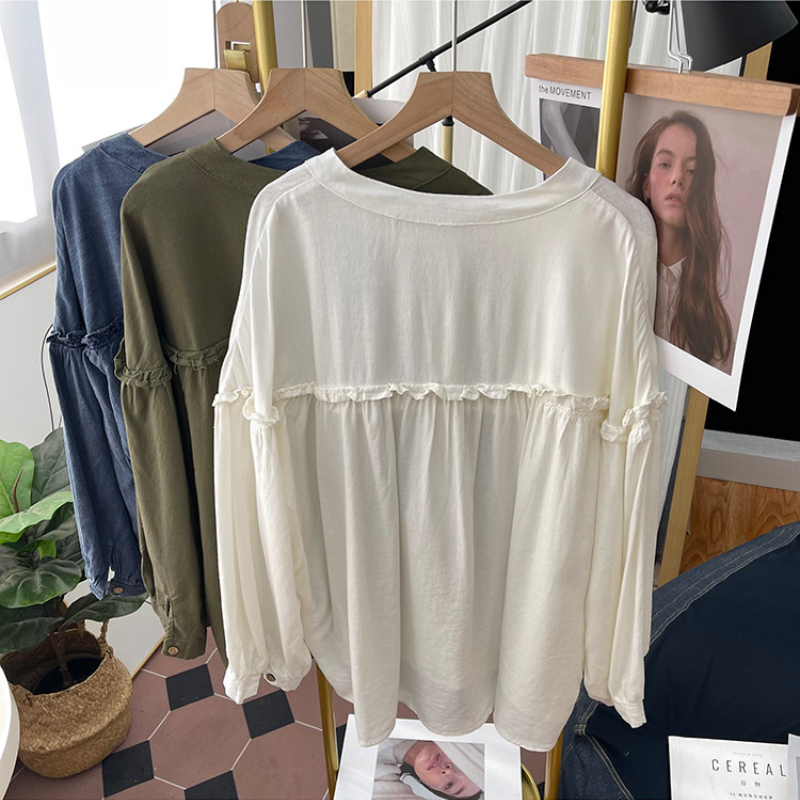 純棉燈籠袖襯衫 圓領排釦 荷葉邊拼接 寬鬆復古感