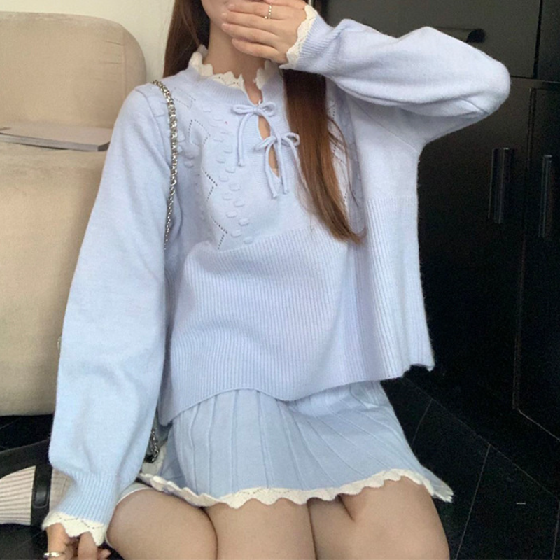 溫柔系針織套裝 蝴蝶結織紋上衣＋百褶裙 兩件式 顯瘦減齡