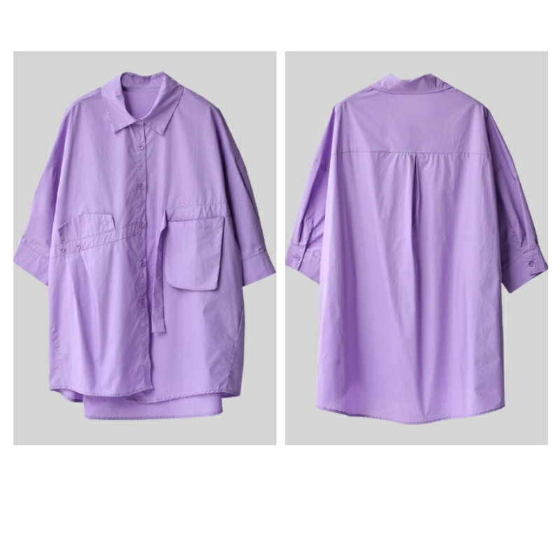 設計感長版襯衫 薰衣草紫 寬鬆顯瘦 前短後長 五分袖 大尺碼友善