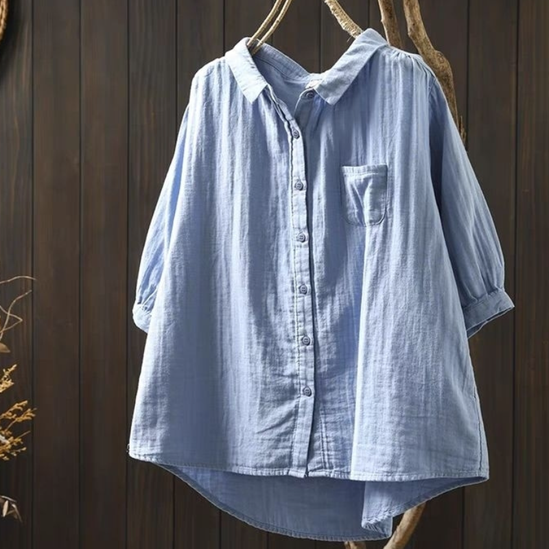 雙層棉紗寬鬆襯衫 五分袖設計 文青休閒百搭上衣