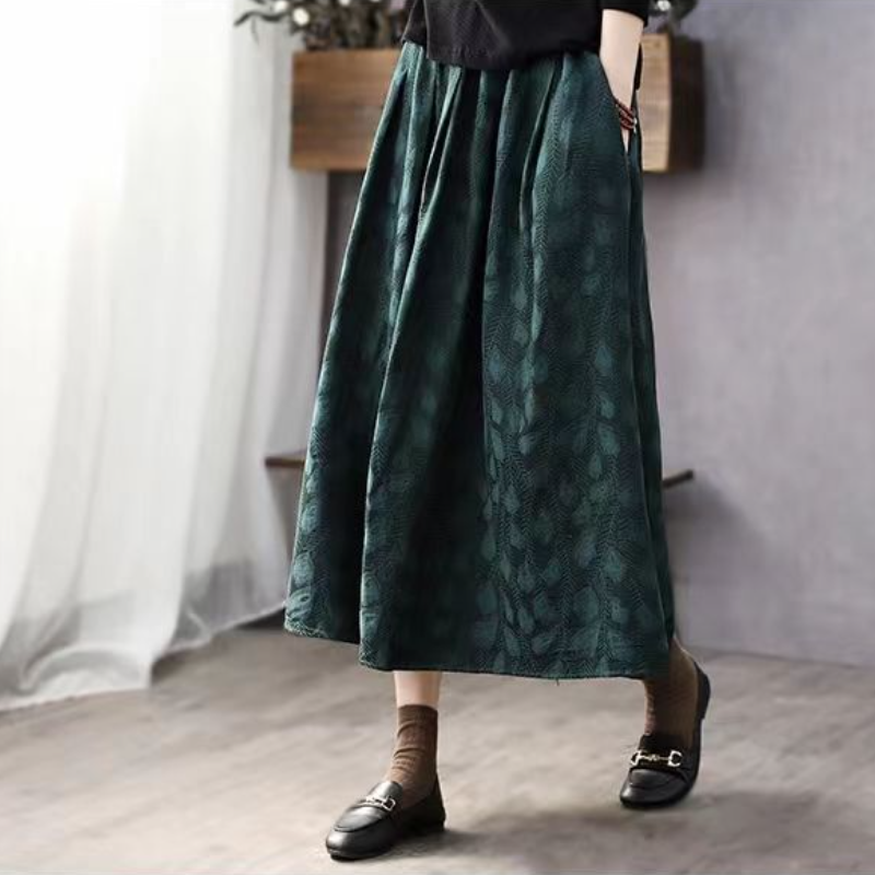 羽毛提花棉質高腰A字中長裙 秋冬文青感 顯瘦顯高