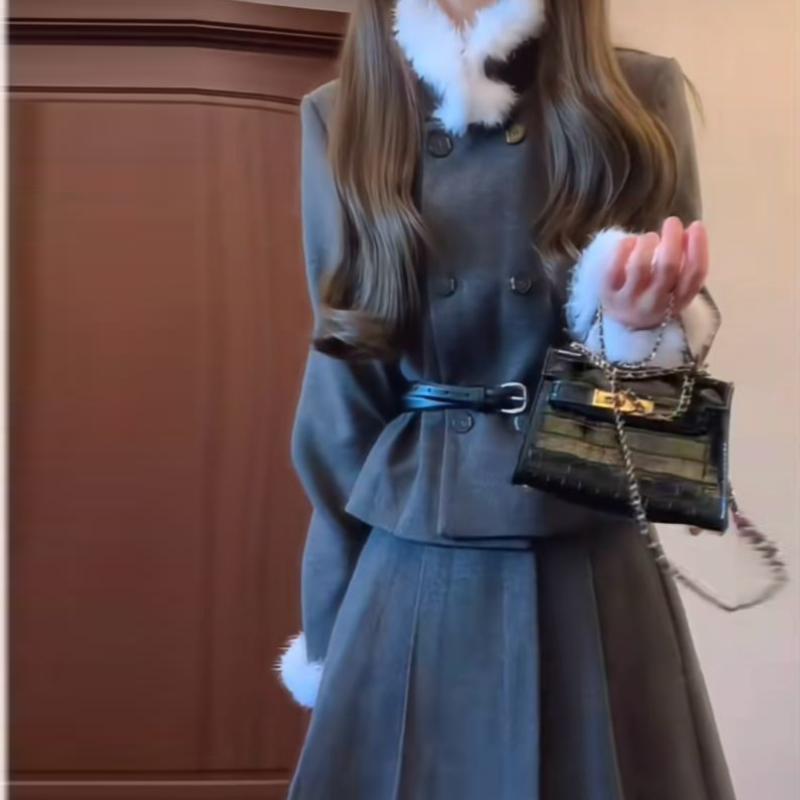 一整套OOTD穿搭復古高級感毛毛領外套百褶半身裙兩件套裝尾牙穿超好看