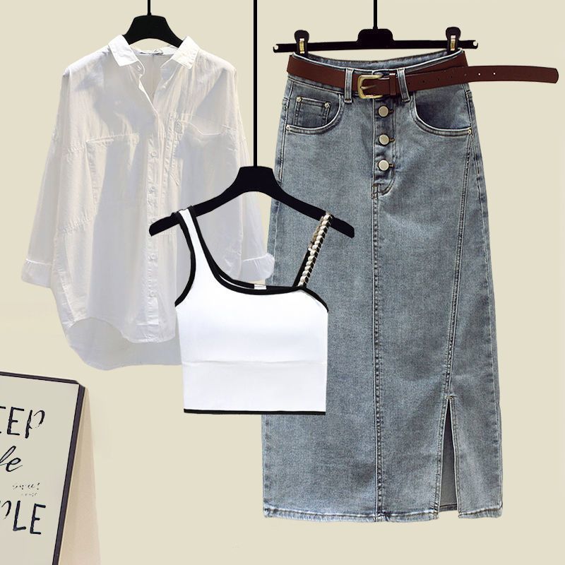 【單品可選】棉花糖救星套組 可拆式三穿機能套組 立體條紋翻領襯衫+美背細肩帶+丹寧半身裙