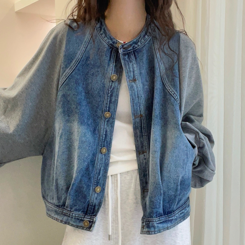 假兩件拼接牛仔外套 早秋新款 歐風時尚寬鬆外套上衣外搭