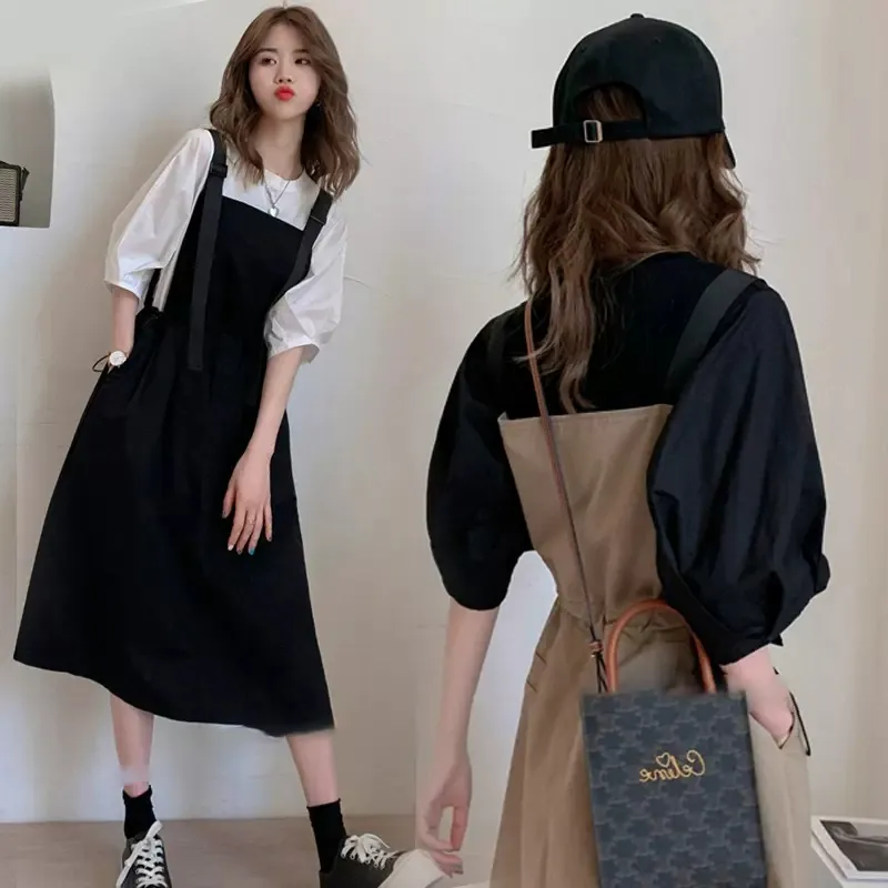 韓版寬鬆背帶裙兩件套-顯瘦收腰設計连身裙 泡泡袖花苞上衣