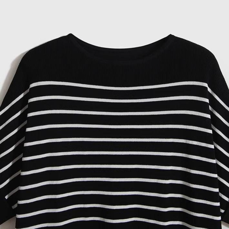 涼感冰絲逆齡短袖上衣 天絲觸感鎖骨微露不曝曬 懶人穿搭百搭條紋蝙蝠袖