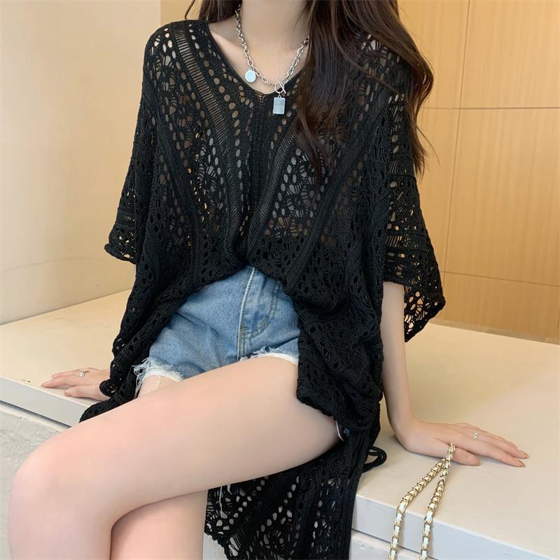V領鏤空針織罩衫 薄款寬鬆小眾設計感上衣