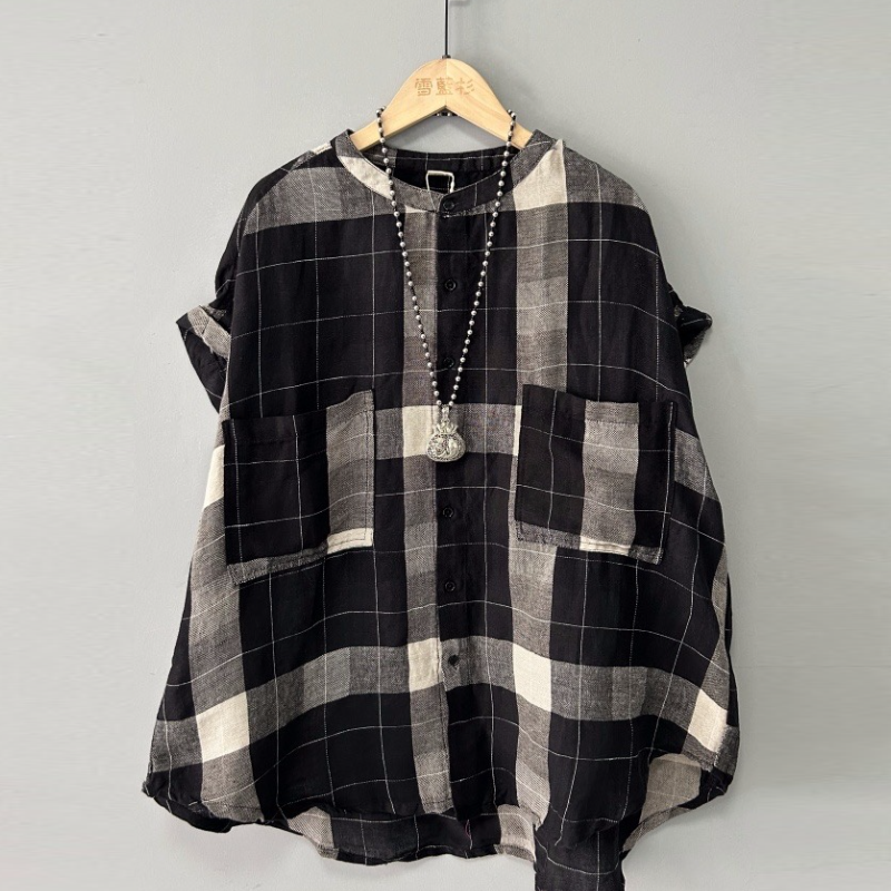 棉麻撞色格子短袖襯衫 寬鬆大尺碼簡約復古款
