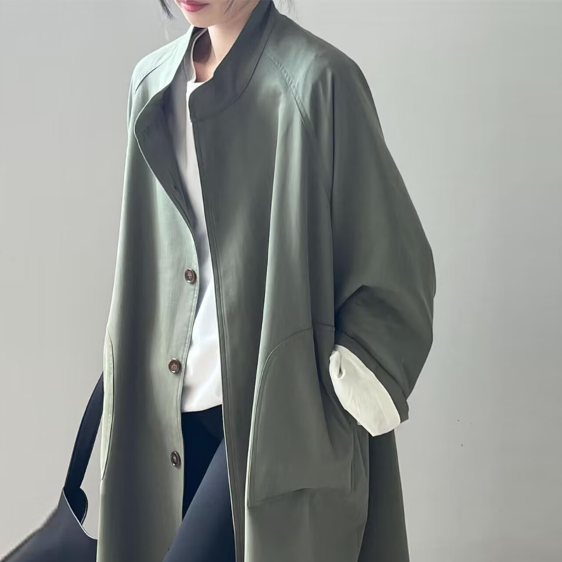 立領中長版風衣外套 英倫感 高級質感 寬鬆剪裁 春秋休閒百搭
