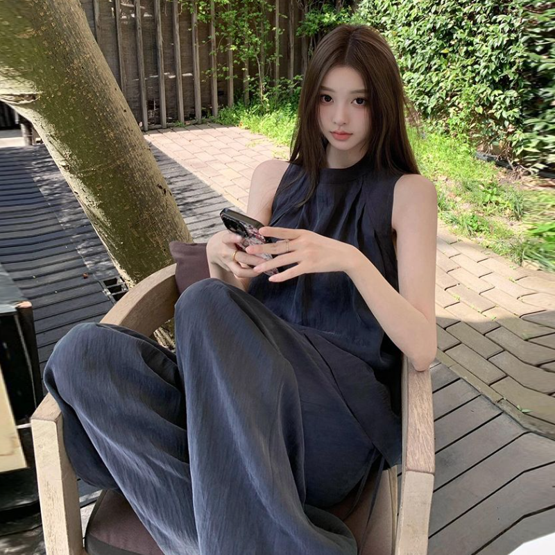 韓系運動休閒套裝 無袖上衣×長版寬褲 兩件式人氣款