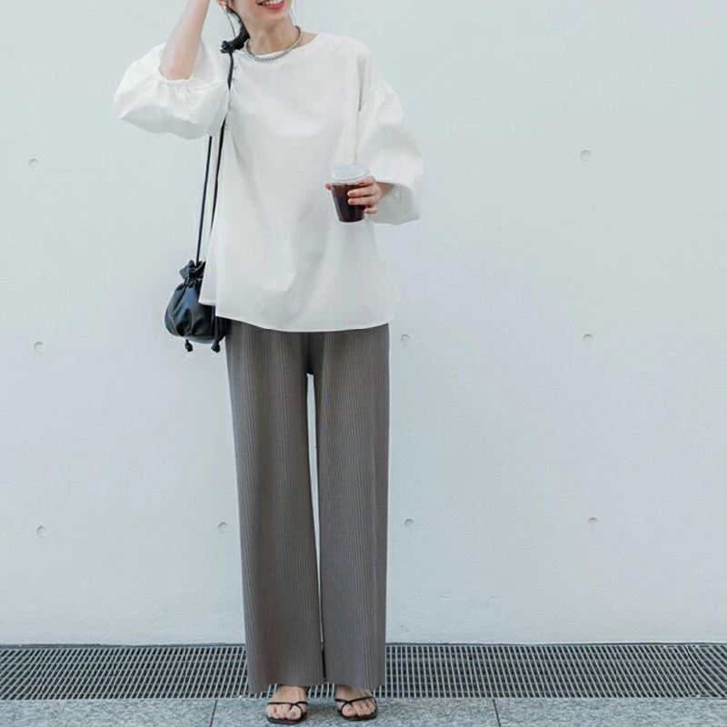 樂天新款 日韓寬鬆大版棉質襯衫 超大燈籠袖圓領五分袖上衣