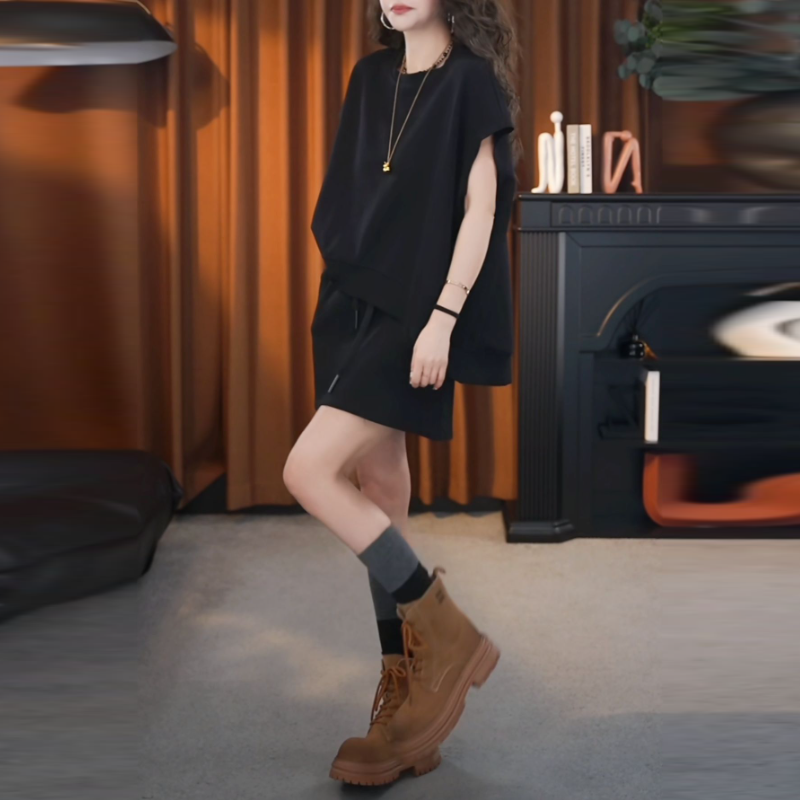 休閒寬鬆兩件式套裝 高腰A字短裙組