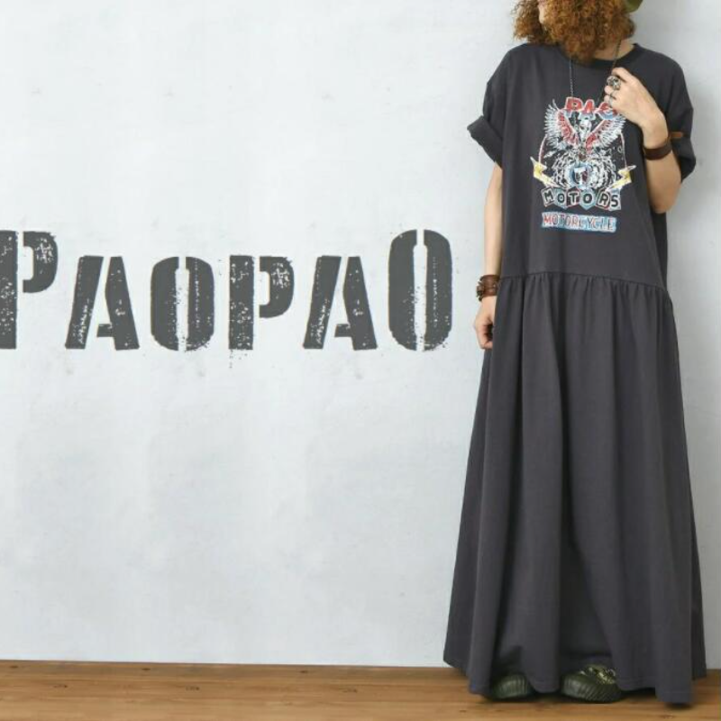 簡約．長版日式前後印花連身裙 短袖長裙