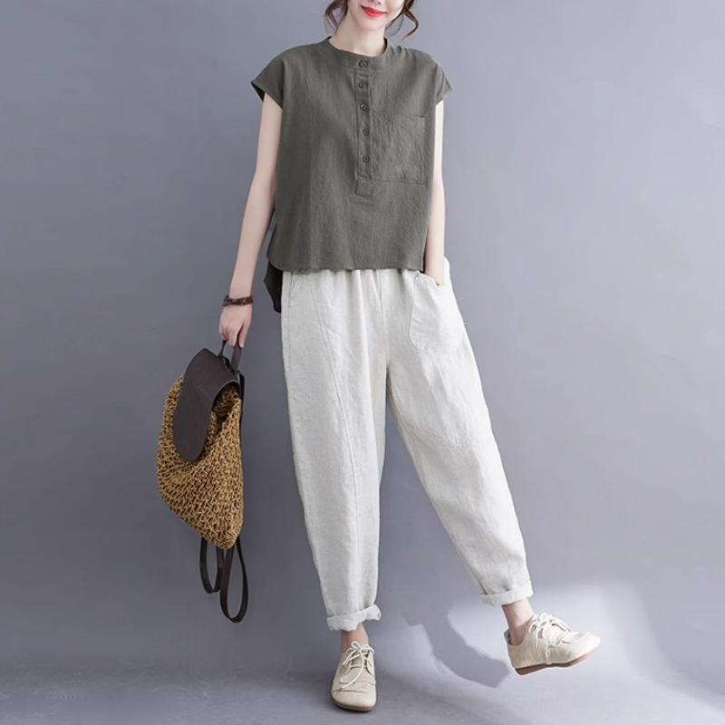 夏季棉麻無袖上衣｜文青風立領素色寬版襯衫 大尺碼百搭款