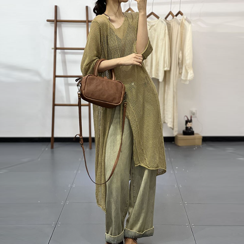 春夏鏤空針織裙罩衫 文青風中長版連身裙 慵懶休閒感穿搭