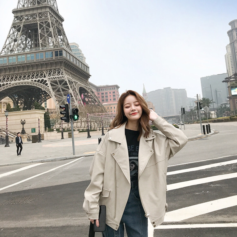 韓版休閒加厚寬鬆PU皮衣夾克短外套