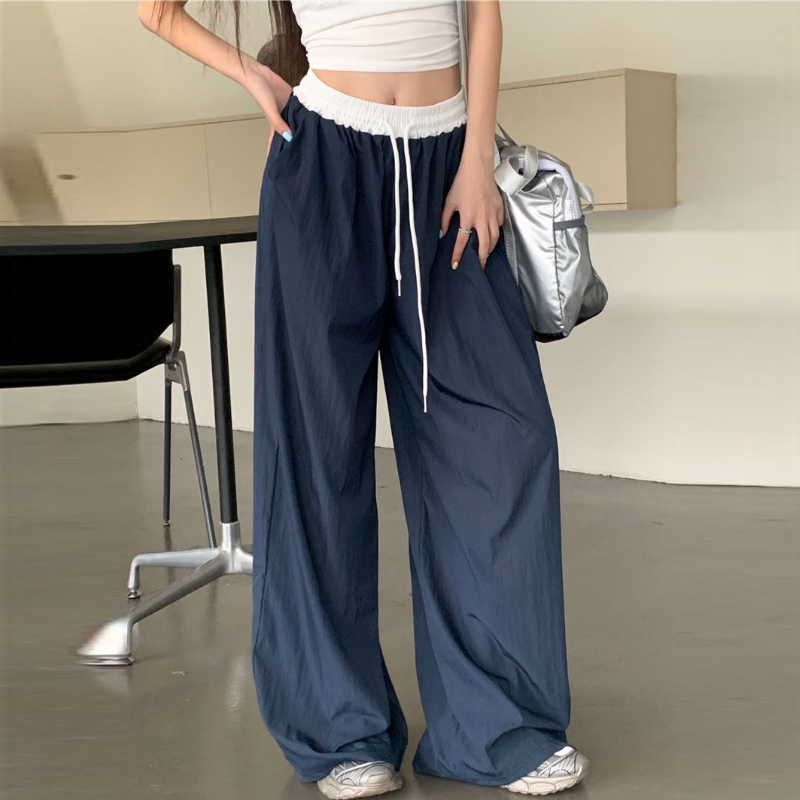 韓系·薄款抽繩工裝寬褲 復古拼接高腰寬鬆休閒褲