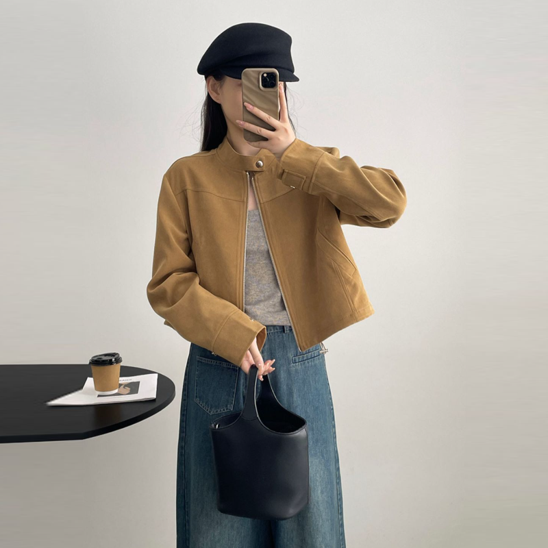 美式復古立領短版夾克 拉鍊門襟 釦帶設計 挺版有型外套