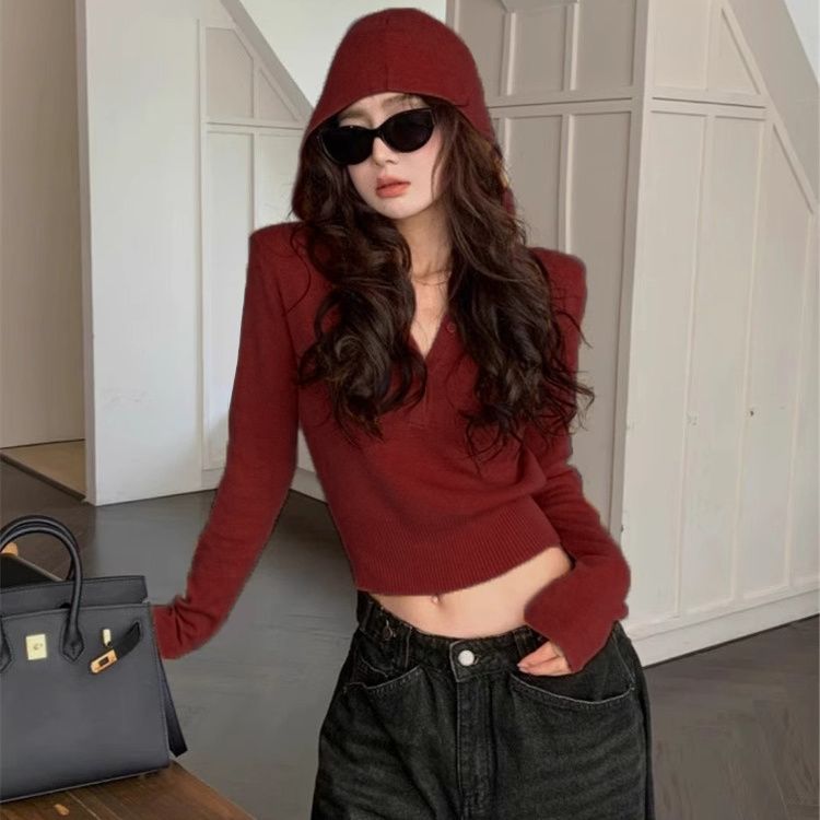 連帽針織短版上衣 5色修身 收腰顯瘦 長袖毛衣 秋季甜辣風