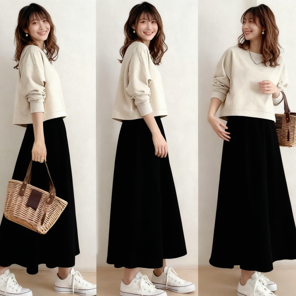 圓領長袖上衣×高腰中長裙 套装兩件式 春秋新款 清新顯瘦