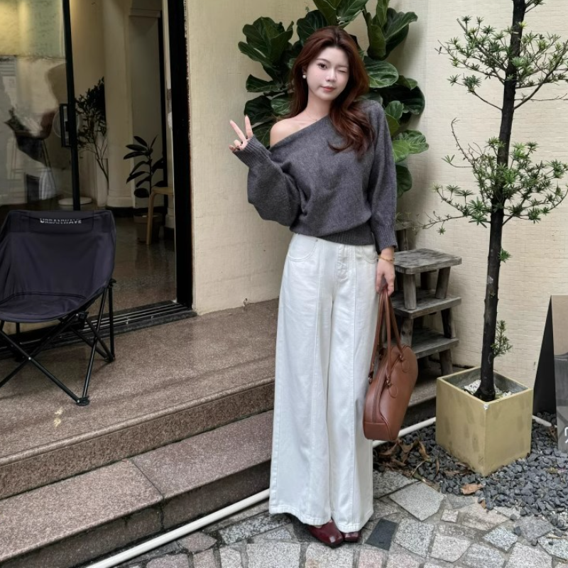 一字領露肩針織上衣 秋季慵懶風 長袖顯瘦 溫柔韓系毛衣