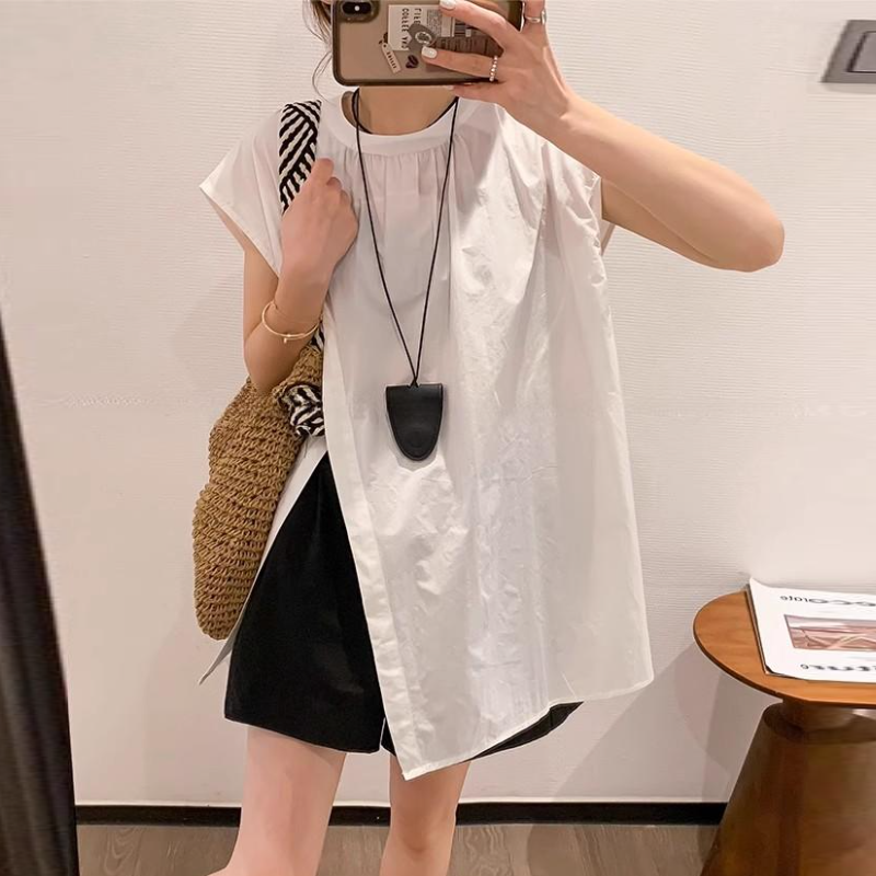 不規則側開高衩飛袖襯衫 夏季寬鬆設計感休閒氣質上衣