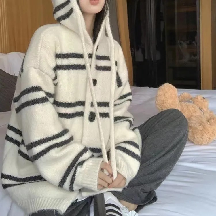 韓國時尚慵懶風條紋連帽針織外套 寬鬆剪裁 秋冬百搭款