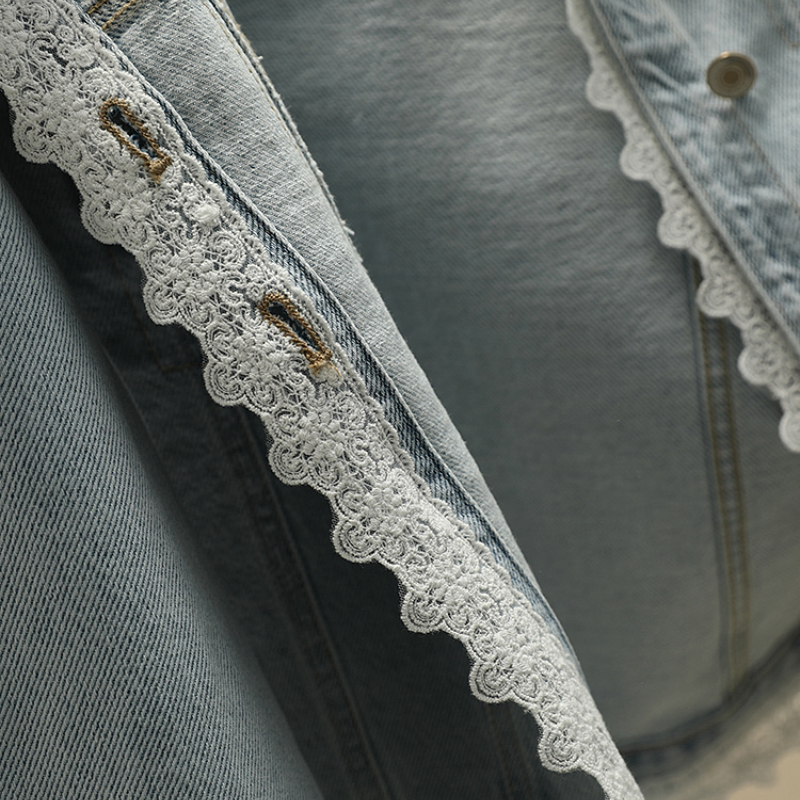 蕾絲花邊拼接牛仔外套 復古水洗短版 韓系休閒款