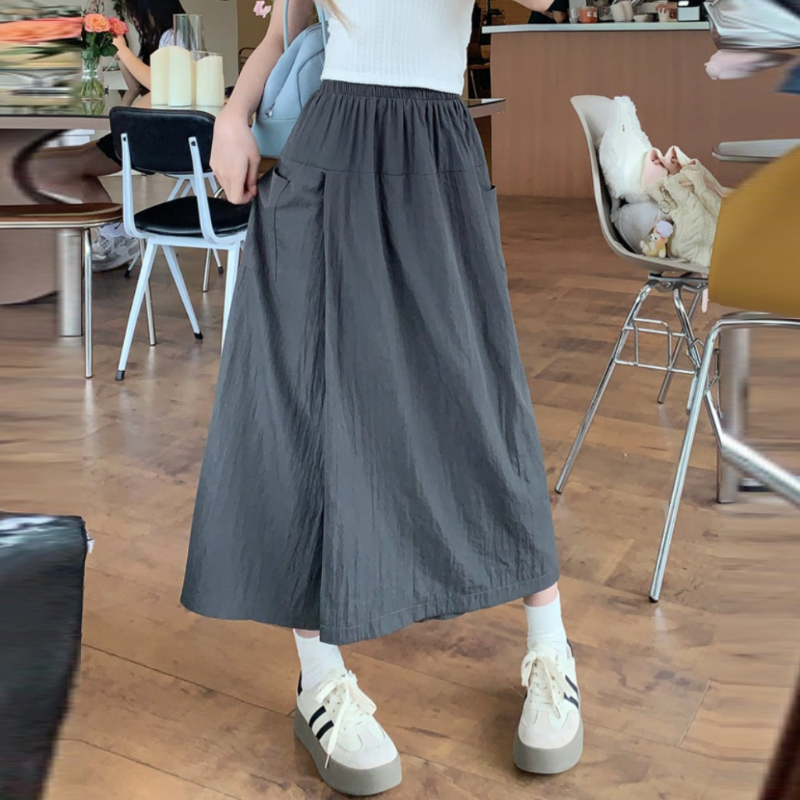 甜酷美式工裝冰絲褲裙 鬆緊腰不卡小腹 山本夏季高腰A字開叉半身裙