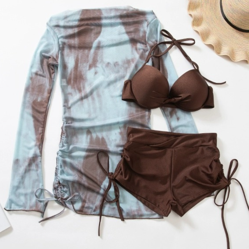 漸層印花三件式泳衣 比基尼＋罩衫套組 修身設計 渡假風款